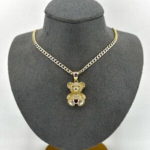 18K Gold Plated over 925 Sterling Silver Teddy Bear With Heart Pendant Necklace